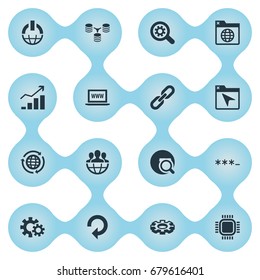Vector Illustration Set Of Simple Review Icons. Elements Power Button, Browser, Motherboard And Other Synonyms Globe, Gear And Cogwheel.