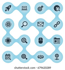 Vector Illustration Set Of Simple Review Icons. Elements Reroute, Seek, Earth Planet And Other Synonyms Link, Cursor And Detail.