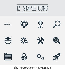 Vector Illustration Set Of Simple Review Icons. Elements Missile, Search, Loupe And Other Synonyms Optimization, Missile And Cogwheel.