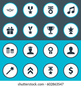 Vector Illustration Set Of Simple Reward Icons. Elements Present, Award, User And Other Synonyms Triumphant, Shield And Present.