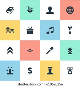 Vector Illustration Set Of Simple Reward Icons. Elements Medal, Currency, Award And Other Synonyms Library, Note And Miracle.
