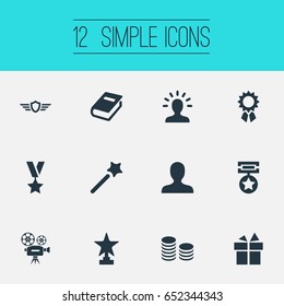 Vector Illustration Set Of Simple Reward Icons. Elements Prize, Literature, Guard And Other Synonyms Achievement, Present And Coins.
