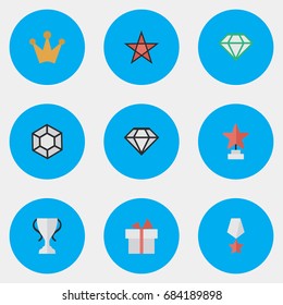 Vector Illustration Set Of Simple Reward Icons. Elements First, Brilliant, Present And Other Synonyms Trophy, Diamond And First.