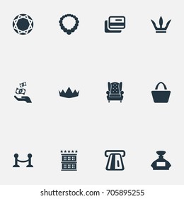 Vector Illustration Set Of Simple Rich Icons. Elements Queen, Fence, Perfume Bottle And Other Synonyms Interior, King And Card.