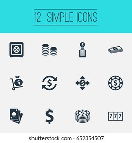Vector Illustration Set Of Simple Roulette Icons. Elements Exchange, Dollar Swap, Club House And Other Synonyms Sac, Poker And Cards.