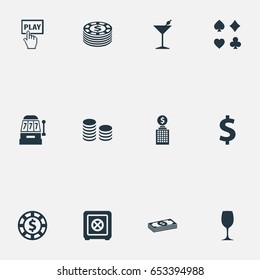 Vector Illustration Set Of Simple Roulette Icons. Elements Click, Card Suits, Bank And Other Synonyms Pile, Exchange And Machine.