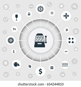 Vector Illustration Set Of Simple Roulette Icons. Elements Cash, Vinyl Music, Wheel And Other Synonyms Safe, Music And Income.