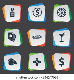 Vector Illustration Set Of Simple Roulette Icons. Elements Vinyl Music, Club House, Dollar Swap And Other Synonyms Cocktail, Dollar And Flow.