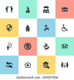 Vector Illustration Set Of Simple Safeguard Icons. Elements Agreement, Estate, Home Protect  From Fire And Other Synonyms Risk, Fuse And Wheelchair.