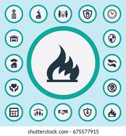 Vector Illustration Set Of Simple Safeguard Icons. Elements Ignition, Real Estate, Advocacy And Other Synonyms Friendship, Bank And Care.