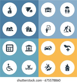 Vector Illustration Set Of Simple Safeguard Icons. Elements Property Break-In, Heat, Banking House And Other Synonyms Falling, Garage And Bank.