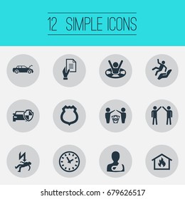 Vector Illustration Set Of Simple Safeguard Icons. Elements Protected Vehicle, Automobile Damage, Job Accord And Other Synonyms Rescue, Police And Insurance.