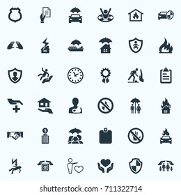 Vector Illustration Set Of Simple Safeguard Icons. Elements Heart In Hand, Building, Identity Card Synonyms Partnership, Care And Home.