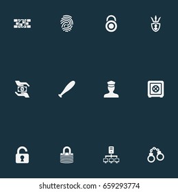 Vector Illustration Set Of Simple Safety Icons. Elements Dartboard, Locked, Fingerprint And Other Synonyms Datacenter, Server And Shield.