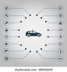 Vector Illustration Set Of Simple Safety Icons. Elements Handcuff, Pistol, Password Synonyms Car, Safeguard And Keyhole.
