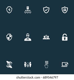 Vector Illustration Set Of Simple Safety Icons. Elements Dollar, Bodyguard, Approve And Other Synonyms Locked, Datacenter And Safeguard.