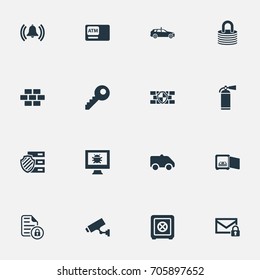 Vector Illustration Set Of Simple Safety Icons. Elements Extinguisher, Camion, Cop Automobile And Other Synonyms Wall, Protected And Locked.