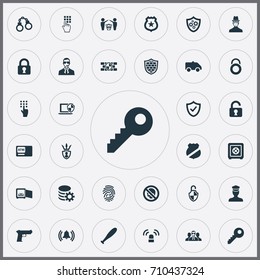 Vector Illustration Set Of Simple Safety Icons. Elements Padlock, Siren, Automatic Teller Machine And Other Synonyms Siren, Shield And Machine.