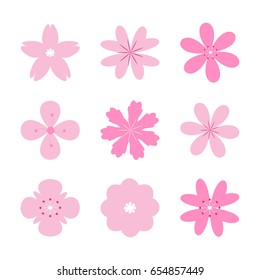 Vector illustration. Set of simple vector sakura flowers in a flat style. Floral design element.