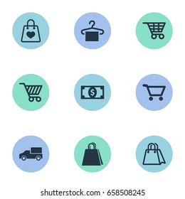 Vector Illustration Set Of Simple Sale Icons. Elements Cart, Shop Trolley, E-Commerece And Other Synonyms Shop, Rack And Wardrobe.