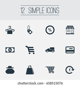 Vector Illustration Set Of Simple Sale Icons. Elements Boutique, Shipping, Label And Other Synonyms Persent, Open And Packing.