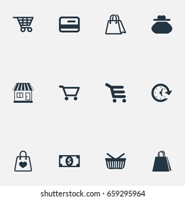 Vector Illustration Set Of Simple Sale Icons. Elements Currency, Package, Female Wallet And Other Synonyms Store, Market And Basket.