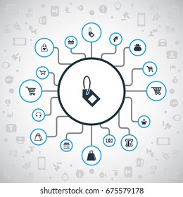 Vector Illustration Set Of Simple Sale Icons. Elements Electronics, Credit Card, Boutique And Other Synonyms Market, Wallet And Label.