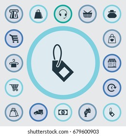 Vector Illustration Set Of Simple Sale Icons. Elements New Item, Female Wallet, Electronics And Other Synonyms Shop, Trolley And Card.