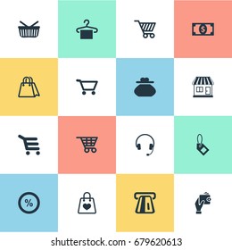 Vector Illustration Set Of Simple Sale Icons. Elements Rack, Currency, Electronics And Other Synonyms Stall, Label And Paper.