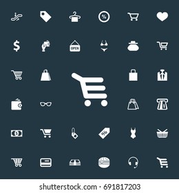 Vector Illustration Set Of Simple Sale Icons. Elements Rack, Grocery, Love And Other Synonyms Butty, Exchange And Glass.