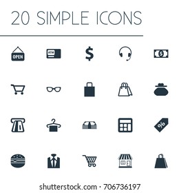 Vector Illustration Set Of Simple Sale Icons. Elements Currency, Cash, New Item And Other Synonyms Bank, Headphones And Time.