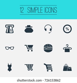 Vector Illustration Set Of Simple Sale Icons. Elements Fast Food, Spectacles, Female Wallet And Other Synonyms Woman, Shop And Optical.