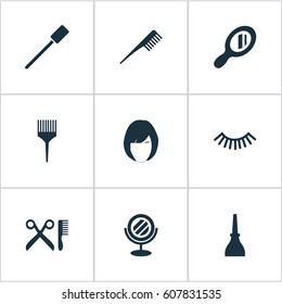 Vector Illustration Set Of Simple Salon Icons. Elements Nail Polish, Eyelash Brush, Hairstyle And Other Synonyms Nails, Brush And Makeup.