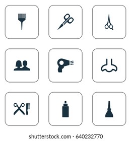 Vector Illustration Set Of Simple Salon Icons. Elements Barbershop, Serum, Comb And Other Synonyms Tool, Manicure And Nails.
