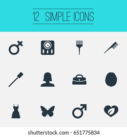 Vector Illustration Set Of Simple Salon Icons. Elements Eyelash Brush, Dress, Comb And Other Synonyms Man, Garment And Image.