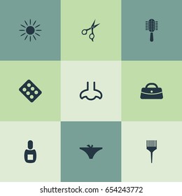 Vector Illustration Set Of Simple Salon Icons. Elements Purse, Hairbrush, Pill And Other Synonyms Solarium, Purse And Hairbrush.