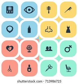 Vector Illustration Set Of Simple Salon Icons. Elements Woman Symbol, Dress, Customers And Other Synonyms Brush, Polish And Hair.