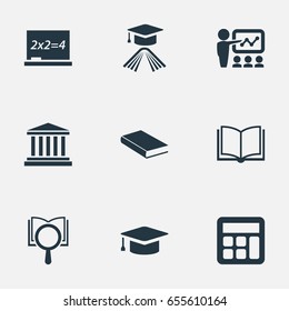 Vector Illustration Set Of Simple School Icons. Elements Adding Machine, Slideshow, Books And Other Synonyms Reading, Degree And Building.