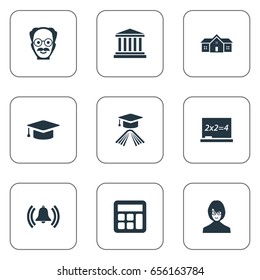 Vector Illustration Set Of Simple School Icons. Elements Adding Machine, Tutor, Hat And Other Synonyms Ring, Book And Bachelor.