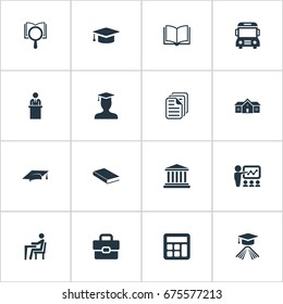Vector Illustration Set Of Simple School Icons. Elements Slideshow, Adding Machine, Hat And Other Synonyms Academy, Disciple And Computation.