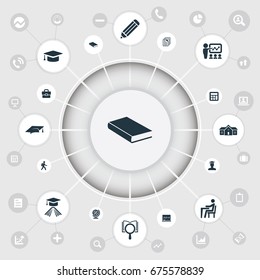 Vector Illustration Set Of Simple School Icons. Elements Files, Pen, Books And Other Synonyms Supplies, Pupil And Book.