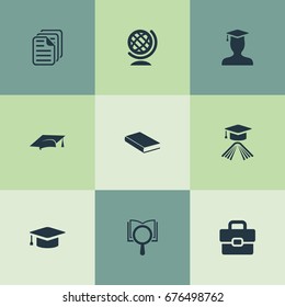 Vector Illustration Set Of Simple School Icons. Elements Undergraduate, Pedagogue, Hat And Other Synonyms Globe, Undergraduate And Teacher.