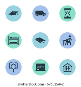 Vector Illustration Set Of Simple School Icons. Elements Sandglass, Books, Pupil Synonyms Research, Transportation And Book.