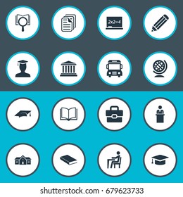 Vector Illustration Set Of Simple School Icons. Elements Learning, Handbag , Globe Synonyms Knowledge, Alma And Educationalist.