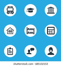 Vector Illustration Set Of Simple School Icons. Elements Courthouse, Preschool Building, Speech And Other Synonyms Tutor, Test And Degree.