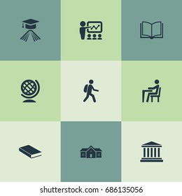 Vector Illustration Set Of Simple School Icons. Elements Learning, Pupil, Student And Other Synonyms Jurisprudence, Hat And University.