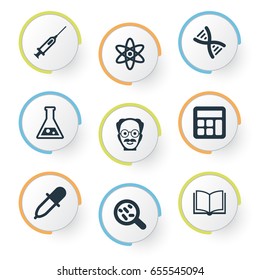 Vector Illustration Set Of Simple Science Icons. Elements Book, Scholar, Bacterium And Other Synonyms Dropper, Laboratory And Syringe.