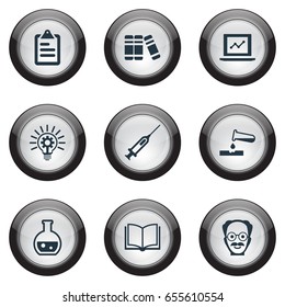 Vector Illustration Set Of Simple Science Icons. Elements Book, Experiment, Library And Other Synonyms Reaction, Pharmacology And Books.