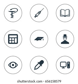 Vector Illustration Set Of Simple Science Icons. Elements Administration, Book, Researcher And Other Synonyms Electronic, Dropper And Textbook.