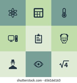 Vector Illustration Set Of Simple Science Icons. Elements Administration, Thermometer, Checklist And Other Synonyms List, Thermometer And Physics.